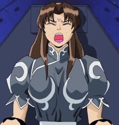 bangs brown_hair capcom chun-li chunlimc closed_eyes corruption cuffs female_only femsub long_hair microchip open_mouth sitting solo street_fighter street_fighter_ii_v sweat tears tech_control tongue