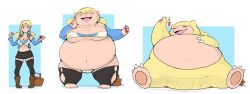 animal_transformation blonde_hair brown_eyes cleavage closed_eyes fairy_tail female_only lucy_heartfilia miniskirt nintendo pokemon sequence skirt snorlax subakitsu tattoo thighhighs torn_clothes transformation twintails weight_gain