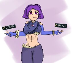  expressionless femsub hypnotic_accessory league_of_legends meme midriff plesleps purple_hair short_hair spiral_eyes yunara_(league_of_legends) 