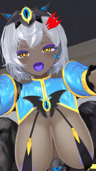  3d blush boots character_request chocc_chips cosplay eyeshadow female_only femsub hair_ornament large_breasts lipstick makeup open_mouth original pov purple_lipstick short_hair sitting slave_gear_(ts_mahou_shoujo_nao!) sling_bikini thigh_boots thighhighs tongue tongue_out ts_mahou_shoujo_nao! vrchat white_hair 