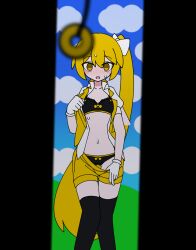 blush bow bra coin collarbone empty_eyes female_only femsub gloves hair_ribbon jacket mesmerizer_(vocaloid) navel nazonobasho neru_akita open_mouth outdoors panties pendulum pov short_shorts shorts side_ponytail sweat thighhighs underwear undressing very_long_hair vocaloid yellow_eyes