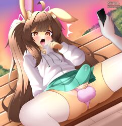  ahegao blush brown_eyes brown_hair bunny_boy clothed crossdressing cum cum_in_clothing dakeneshi erection femboy forced_orgasm furry hoodie hypnotic_app hypnotic_screen jacket jewelry long_hair malesub necklace open_mouth orgasm precum sitting skirt spread_legs surprised tongue 
