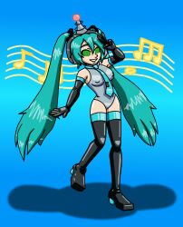 antenna blue_hair erect_nipples erect_nipples_under_clothes fembot green_eyes happy_trance headphones high_heels latex leotard miku_hatsune opera_gloves robotization saluting simple_background smile spiral_eyes spiralwash_eyes supertechno324 tech_control thigh_boots twintails vocaloid