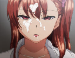  aiue_oka collar cum cum_in_mouth cum_on_body cum_on_face drool empty_eyes expressionless female_only ijirare_fukushuu_saimin nogami_izumi open_mouth red_eyes red_hair scrunchie 