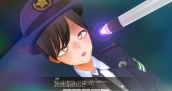  3d baldmen4 blush brown_hair crossed_eyes custom_maid_3d_2 drool empty_eyes eye_roll female_only femsub glowing hat japanese_text open_mouth pen_light police_uniform policewoman short_hair solo text tie tongue yellow_eyes 