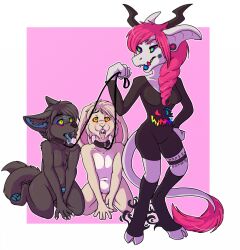 bottomless breasts bunny_boy collar demon_girl drool femdom furry kneeling leash malesub monster_girl multicolored_eyes nude original peejay penis rainbow_eyes succubus tongue tongue_out topless wolf_boy