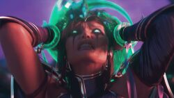  3d animated animated_gif breasts brown_hair clothed dark_skin earrings failed_hypnosis female_only femsub glowing glowing_eyes jewelry karma_(lol) league_of_legends magic open_mouth resisting ruination short_hair 
