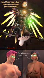 3d absurdres barefoot blonde_hair bottomless breasts comic feet female_only femsub glowing glowing_eyes large_breasts mercy muscle_girl nude overwatch pharah source_filmmaker supercasket text topless zarya_(overwatch)