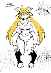 animal_ears artoria_caster_(fate) artoria_pendragon blonde_hair clinickcase demon_girl english_text fangs fate/grand_order fate_(series) futa_only futasub goat_girl hooves horns multiple_views simple_background solo standing text transformation transgender twintails white_background yellow_eyes