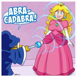  blonde_hair blue_eyes breasts crown dialogue dress earrings english_text femsub gloves long_hair magic magic_wand magikoopa maledom nintendo polmanning princess_peach signature smile speech_bubble spiral_eyes super_mario_bros. text 