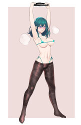  arms_above_head before_and_after blush breasts byleth_eisner erect_nipples erect_nipples_under_clothes fire_emblem fire_emblem_three_houses green_hair long_hair micro_bikini navel nintendo pantyhose purple_eyes ring_fit simple_background ukimukai 
