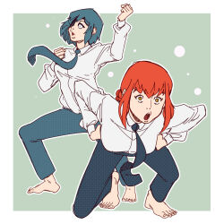 barefoot blue_hair border braid chainsaw_man chicken_pose clothed efalabrino eyepatch feet female_only femsub green_background himeno_(chainsaw_man) leaning_forward long_hair looking_at_viewer makima_(chainsaw_man) monkey_girl monkey_pose multiple_girls multiple_subs open_mouth pants pet_play red_hair short_hair shrunken_irises t-shirt tie yellow_eyes