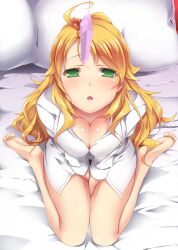  animated animated_gif barefoot bed blonde_hair breasts cleavage crystal female_only femsub green_eyes large_breasts maa-san_(dammerung) manip miki_hoshii muddle_(manipper) open_clothes open_mouth pendulum pillow sitting spiral_eyes symbol_in_eyes the_idolm@ster very_long_hair 