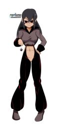  black_hair bottomless breasts clothed clothed_exposure corruption erect_nipples erect_nipples_under_clothes evil_smile eye_color_change femsub hypnotized_hypnotist idpet lara_(idpet) long_hair looking_at_viewer midriff navel nipples original pendulum pov pov_sub pussy red_eyes signature simple_background smile solo text white_background 