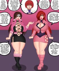 bimbofication breasts brown_eyes brown_hair cleavage cosplay crossdressing dialogue fake_breasts femboy femdom feminization femsub high_heels hinata-hime huge_breasts iori_yagami kingdom_hearts kyo_kusanagi long_hair malesub miniskirt multiple_subs red_eyes red_hair shermie_(kof) skirt smile speech_bubble