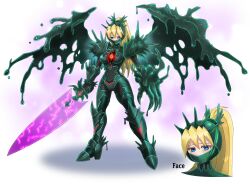  armor aura blonde_hair blue_eyes breasts capcom ciel_(megaman_zero) empty_eyes glowing_eyes high_heels hypnotic_slime kiwamekiwa megaman_(series) megaman_x_(series) megaman_zero multicolored_eyes possession reference_sheet resisting shadow_devil simple_background slime sword tears weapon white_background wings 