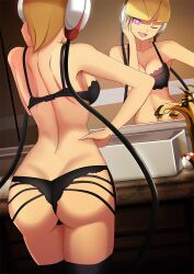  ass blonde_hair bra breasts cleavage elesa female_only hand_on_hip happy_trance headphones heart heart_eyes icontrol_(manipper) large_breasts lingerie manip mirror nintendo open_mouth pokeball pokemon pokemon_black_and_white short_hair solo symbol_in_eyes thighhighs thong underwear vivivoovoo wink 