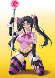  absurdres achromaru black_hair blush bow breasts cameltoe cuffs drool female_only femsub fingerless_gloves gloves glowing gradient_background hair_ribbon happy_trance high_school_dxd kneeling large_breasts long_hair midriff nail_polish navel open_mouth ribbon serafall_leviathan simple_background solo spiralwash_eyes staff staff_of_ayenos_(hizarther) thighhighs thighs twintails 