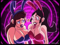  black_hair blue_eyes blue_lipstick breast_press brown_hair bunny_ears bunny_girl bunnysuit cleavage coin collarbone dizzytube female_only femsub glowing glowing_eyes happy_trance heavy_eyelids huge_breasts hypnotic_accessory lipstick long_hair makeup multiple_girls multiple_subs open_mouth pendulum ponytail red_eyes red_lipstick ring_eyes signature smile spiral spiral_background tongue tongue_out 
