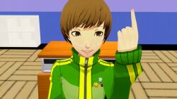  3d animated animated_gif breasts brown_eyes brown_hair chie_satonaka clothed crossed_eyes eye_roll female_only femsub finger_to_forehead happy_trance open_mouth persona_(series) persona_4 self_hypnosis short_hair vynil 