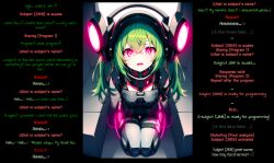  ai_art caption collar dialogue female_only femsub glowing_eyes green_hair looking_at_viewer manip open_mouth original pov resisting restrained tech_control text 