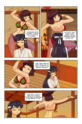  absurdres ass black_hair border bracers breasts brown_eyes brown_hair cleavage closed_eyes clothed collar comic dancing dialogue english_text female_only femdom femsub happy_trance harem_outfit headband hypnotic_dance large_breasts long_hair multiple_girls sakura_(urusei_yatsura) see-through shinobu_miyaki short_hair text urusei_yatsura wadevezecha 