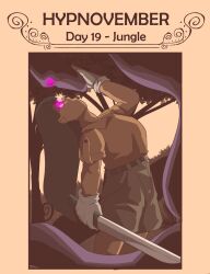 belt black_hair dark_skin gloves glowing_eyes hypnovember limp long_hair mary_mavys_(pstash) open_mouth plant pstash purple_eyes shorts simple_background weapon yellow_background