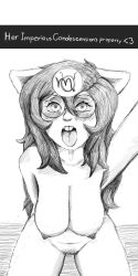 absurdres black_hair bottomless breasts dog_ears glasses greyscale homestuck jade_harley kneeling large_breasts nude pet_play rustbust selfie text tongue tongue_out topless