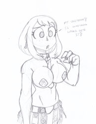 absurdres altered_perception breasts collar condom_accessories crazycowproductions earrings empty_eyes female_only femsub greyscale jewelry large_breasts leash my_hero_academia ochaco_uraraka pasties piercing sketch solo text traditional unaware