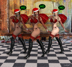 3d blonde_hair bottomless breasts brown_hair christmas dracharnoir drone female_only glowing glowing_eyes green_eyes hat high_heels large_breasts leather multiple_girls multiple_subs original red_hair santa_hat text thighhighs