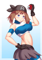  bandana breasts brown_hair corruption enemy_conversion evil_smile female_only femsub glowing glowing_eyes haryudanto hat large_breasts may nintendo pokeball pokemon pokemon_omega_ruby_and_alpha_sapphire pokemon_ruby_sapphire_and_emerald skirt smile solo team_aqua 