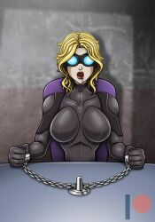 blonde_hair bodysuit bondage breasts chains disney drool expressionless female_only femsub glowing goggles huge_breasts hypnotic_accessory open_mouth original re-maker sitting solo tech_control the_incredibles western