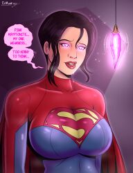  black_hair bodysuit breasts cape clothed crystal dazed dc_comics dialogue drool female_only femsub heart heart_eyes kara_zor-el large_breasts lipstick open_mouth pendulum pink_eyes polmanning red_lipstick sexuality_change short_hair sparkle super_hero supergirl text the_flash_(2023) 