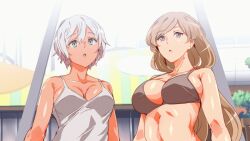  altered_common_sense animated animated_gif arched_back bikini_top bouncing_breasts breast_grab breasts breasts_outside brown_eyes brown_hair collarbone eyebrows_visible_through_hair femsub green_eyes indifference_pool large_breasts long_hair male_pov maledom midriff multiple_girls multiple_subs nipples nyuu_(manekin-eko) open_mouth outdoors pov pov_dom short_hair standing tank_top unfocused_eyes white_hair 