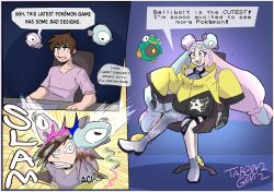 absurdres before_and_after bellibolt boots border brown_hair english_text eyebrows_visible_through_hair feminization femsub green_eyes iono_(pokemon) magnemite malesub multicolored_hair nintendo pokemon pokemon_(creature) sharp_teeth short_hair shrinking signature simple_background speech_bubble spiralwash_eyes taboogem tech_control text transformation transgender very_long_hair yellow_eyes