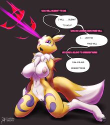  arashidrgn beam bottomless breasts digimon drool female_only femsub fox_girl furry glowing glowing_eyes hypnotic_beam kneeling large_breasts mesmistress_(ming) midriff non-human_feet nude open_mouth paws pussy renamon solo text topless 