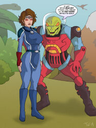 breasts brown_hair dino-riders expressionless femsub krulos large_breasts lizard_boy maledom serena_(dino-riders) short_hair standing standing_at_attention tech_control text trishbot