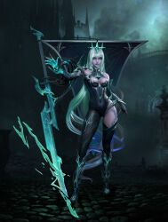 alternate_costume blue_lipstick body_markings breasts coast_leather control_indicator crossover crown expressionless eye_color_change facial_markings femsub floating green_eyes green_hair hair_color_change large_breasts league_of_legends lipstick makeup multicolored_hair nier_automata possession ruination smoke square_enix standing sword thighhighs thighs very_long_hair viego_(league_of_legends) weapon white_hair yorha_type_a_no._2