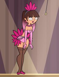  bikini bow_tie brown_hair gloves high_heels krysta11 krystal_(krysta11) leaning_forward leggings lip_expansion midriff multicolored_hair opera_gloves original pendulum pink_hair simple_background spiral_eyes spiralwash_eyes stage stage_hypnosis 