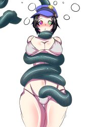  black_hair blush bra breasts coils crotch_rub femsub hat kaa_eyes marie_(persona_4) panties persona_(series) persona_4 restrained simple_background snake sonazthewho underwear 