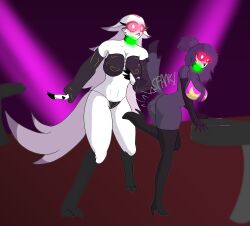 anouras ass bikini_top bird_girl cleavage collar demon expressionless female_only femsub harem_outfit helluva_boss leaning_forward mother_and_daughter octavia_(helluva_boss) ponytail spanking stella_(helluva_boss) stripper thighhighs