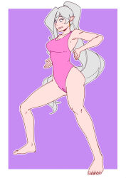 armpits bare_legs barefoot blue_eyes border breasts character_request cleavage collarbone earrings efalabrino elf_ears feet female_only femsub haigure leotard long_hair one-piece_swimsuit ponytail purple_background silver_hair solo sweat swimsuit wide_hips