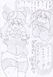  bandana banshou blush bouncing_breasts chicken_dance clothed dancing erect_nipples erect_nipples_under_clothes female_only femsub happy_trance hypnotic_food japanese_text large_breasts may mochi_dance monochrome nintendo pokemon pokemon_ruby_sapphire_and_emerald solo text thick_thighs translation_request 