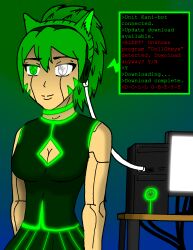 animal_ears cat_girl comic female_only femsub glowing glowing_eyes green_hair ponytail robot robot_girl silver standing symbol_in_eyes tech_control text