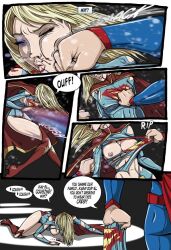 blonde_hair blood boots breasts bruise comic corruption dc_comics genex malesub super_hero supergirl superman superman_(series) text topless torn_clothes western