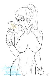 awmbh bodysuit bottomless breasts erect_nipples female_only femsub greyscale happy_trance large_breasts long_hair metroid_(series) nintendo nipples open_mouth ponytail samus_aran text topless zero_suit