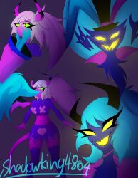 alternate_color_scheme asmodeus_(helluva_boss) blue_eyes blue_skin breasts chin_hold demon_boy demon_girl femsub glowing_eyes hair_color_change hat helluva_boss horns looking_at_viewer maledom midriff moonlightmik3 navel one_eye_open pink_skin possession shadowking4804 slit_pupils smile succubus tail thighhighs transformation verosika_mayday very_long_hair yellow_eyes