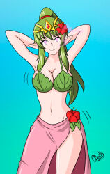 alerith arms_above_head bare_legs bare_shoulders breasts cleavage dragon dragon_girl elf_ears empty_eyes female_only femsub fire_emblem fire_emblem_shadow_dragon_and_the_blade_of_light flower flower_in_hair green_hair happy_trance hypnotic_plant legs long_hair looking_at_viewer midriff navel nintendo pheromones pink_eyes ponytail smile thighs tiki_(fire_emblem)