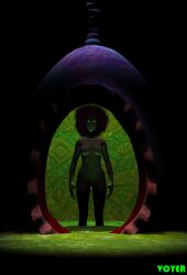 3d alien bottomless breasts female_only femsub glowing glowing_eyes slime solo standing standing_at_attention topless transformation voyer
