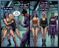 ai_art before_and_after black_hair blonde_hair boots brown_hair cleavage clothed collarbone comic dc_comics english_text female_only femsub fingerless_gloves fishnets gloves hypnotized_hypnotist jacket long_hair mantra mask multiple_girls multiple_subs open_mouth resisting restrained speech_bubble standing_at_attention super_hero text